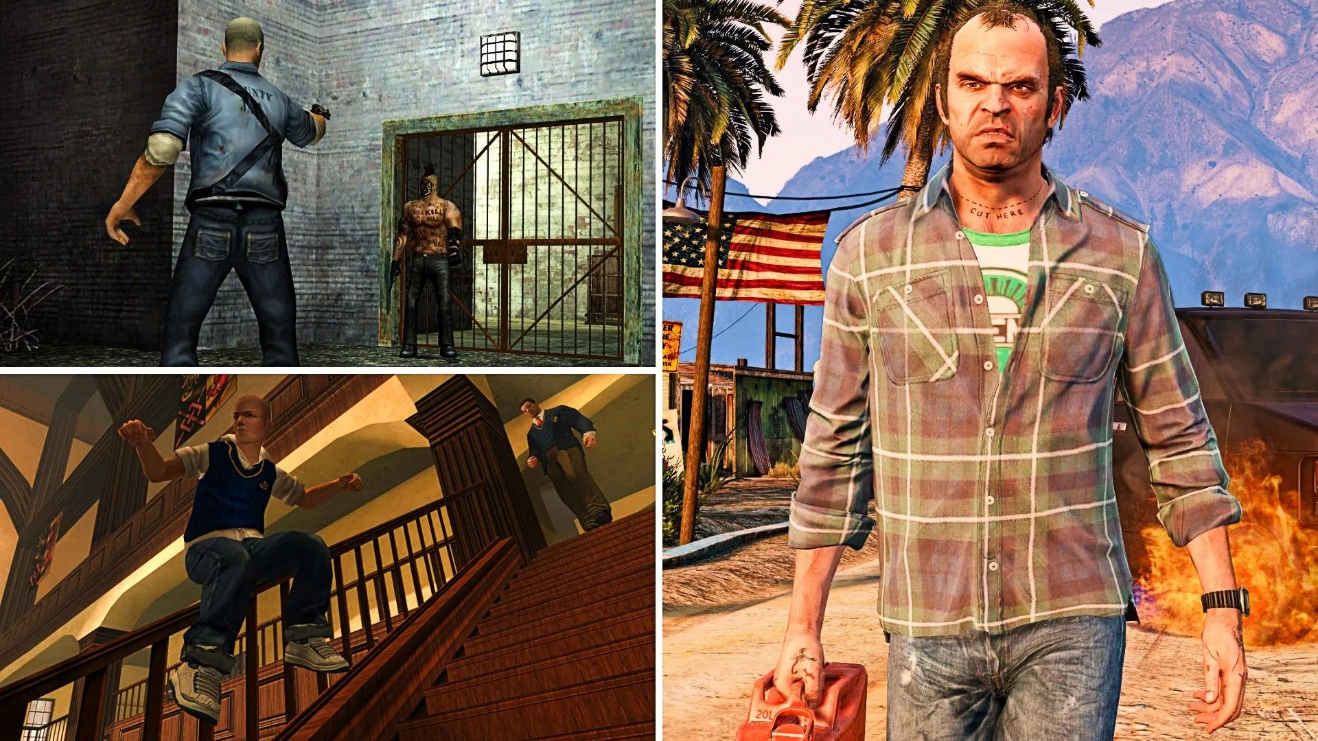 Trevor từ Grand Theft Auto V cầm can xăng, Jimmy từ Bully trượt cầu thang, và nhân vật chính Manhunt nhắm vũ khí vào kẻ thù, minh họa mối liên kết vũ trụ game của Rockstar.