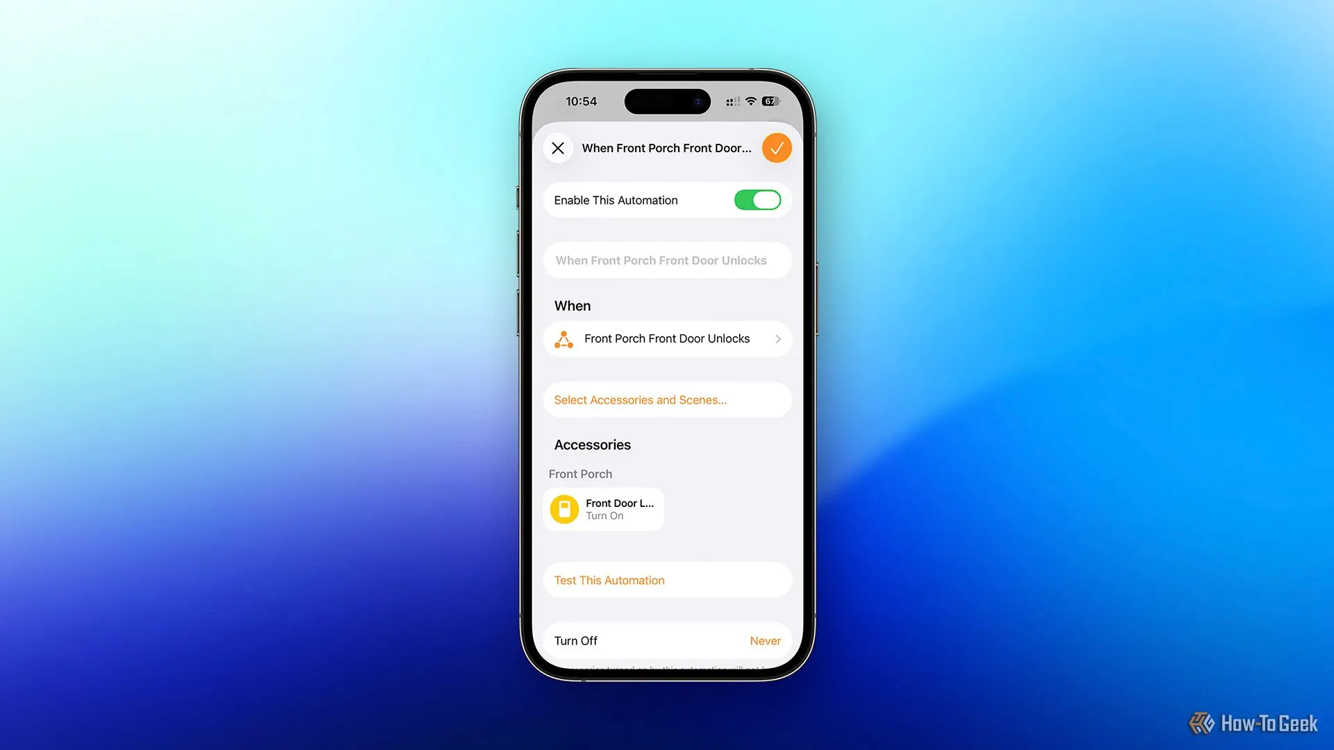 Tự động hóa HomeKit bật công tắc ảo khi cửa được mở khóa thủ công.