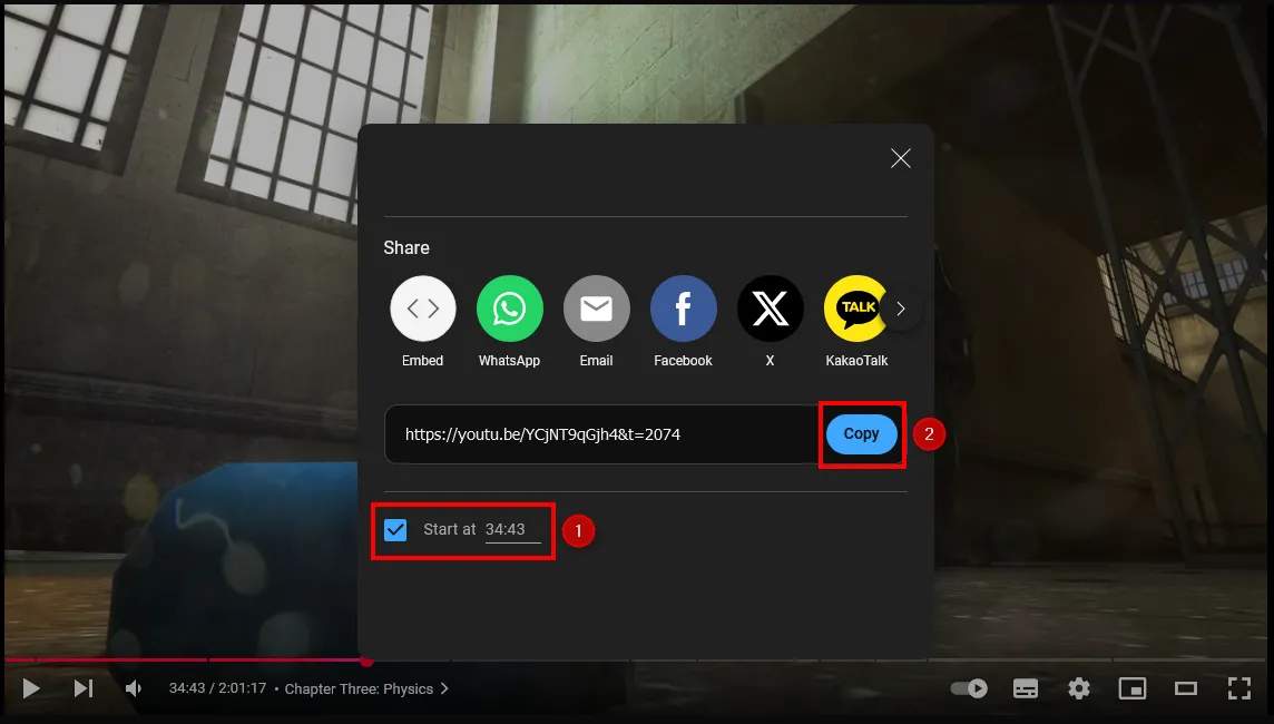 Tùy chọn &quot;Bắt đầu tại&quot; trong hộp thoại chia sẻ video YouTube trên desktop để đặt mốc thời gian