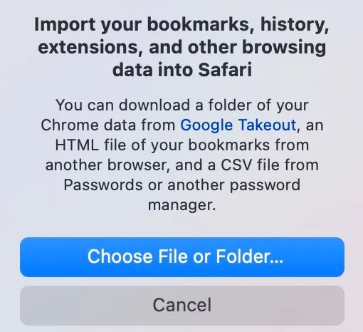 Tùy chọn &quot;Chọn Tệp hoặc Thư mục&quot; trong công cụ nhập dữ liệu của Safari trên máy Mac để nhập dữ liệu.