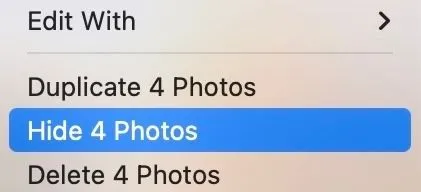 Tùy chọn Hide trong menu ngữ cảnh để ẩn các ảnh đã chọn trong ứng dụng Mac Photos