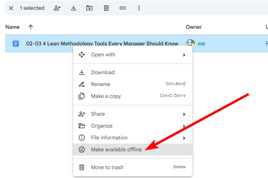 Tùy chọn 'Make Available Offline' để tạo file ngoại tuyến trên Google Drive