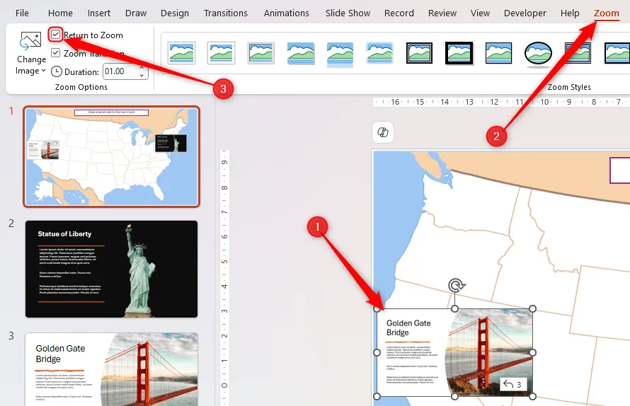 Tùy chọn Return To Zoom được chọn trong tab Zoom của PowerPoint, đảm bảo người dùng quay lại slide tổng quan sau khi xem chi tiết.