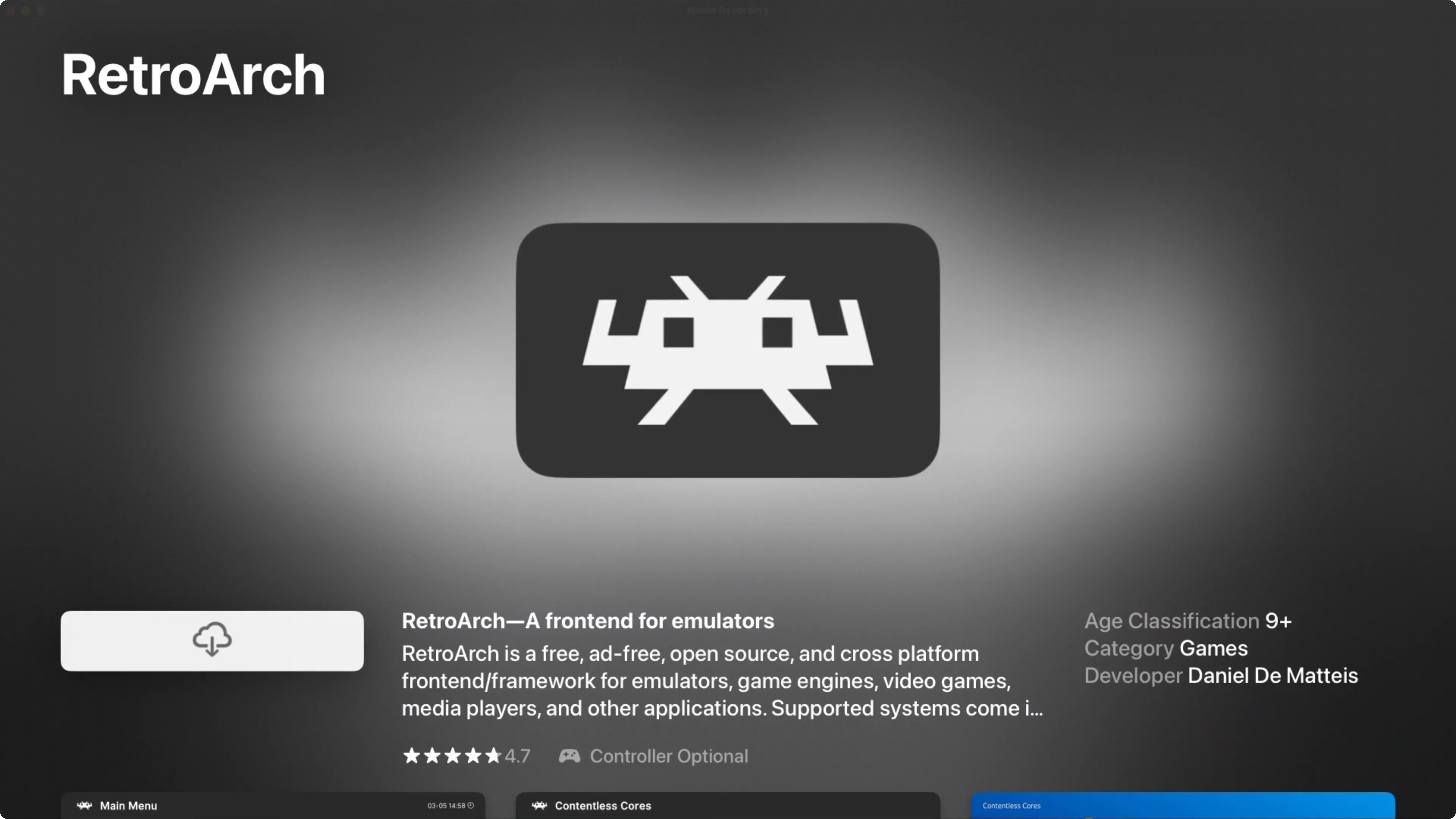 Ứng dụng RetroArch hiển thị trên App Store của tvOS, sẵn sàng để tải xuống và cài đặt