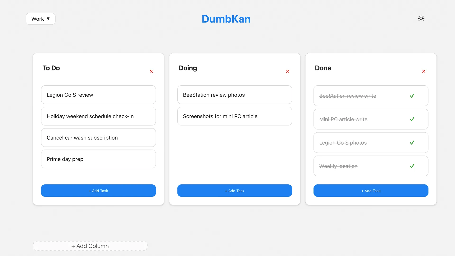 Ảnh chụp màn hình bảng Kanban kỹ thuật số tối giản DumbKan để quản lý công việc cá nhân