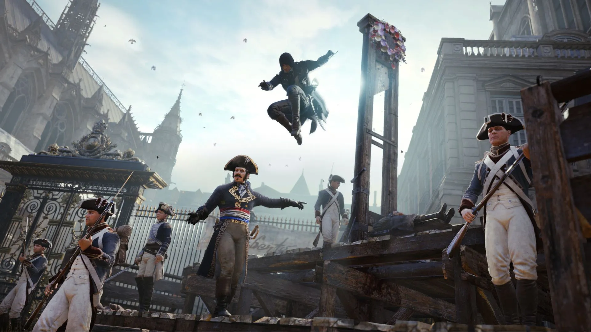 Ảnh chụp màn hình chính thức của Assassin's Creed Unity, làm nổi bật đồ họa chi tiết và kiến trúc Paris thời Cách mạng Pháp.
