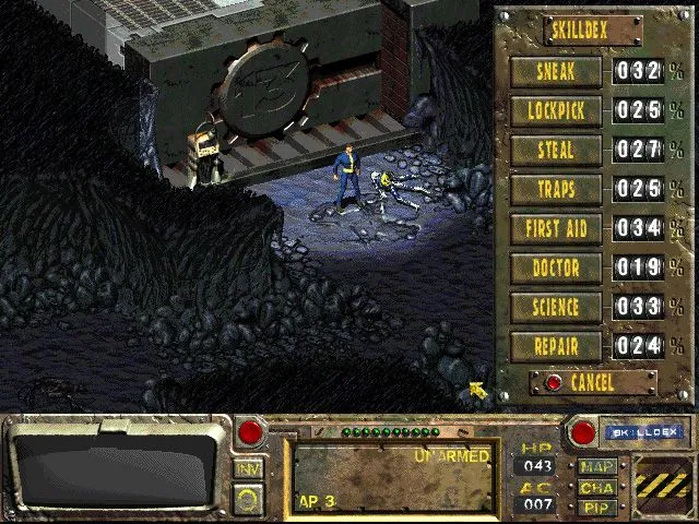 Ảnh chụp màn hình chính thức của Fallout, thể hiện phong cách game nhập vai hậu tận thế isometric kinh điển.