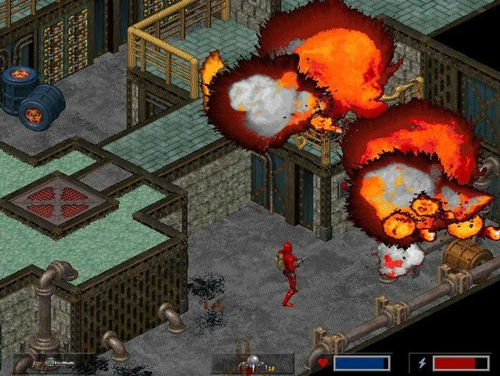 Ảnh chụp màn hình game Crusader: No Remorse từ GOG, một tựa game isometric bạo lực lấy bối cảnh cyberpunk.