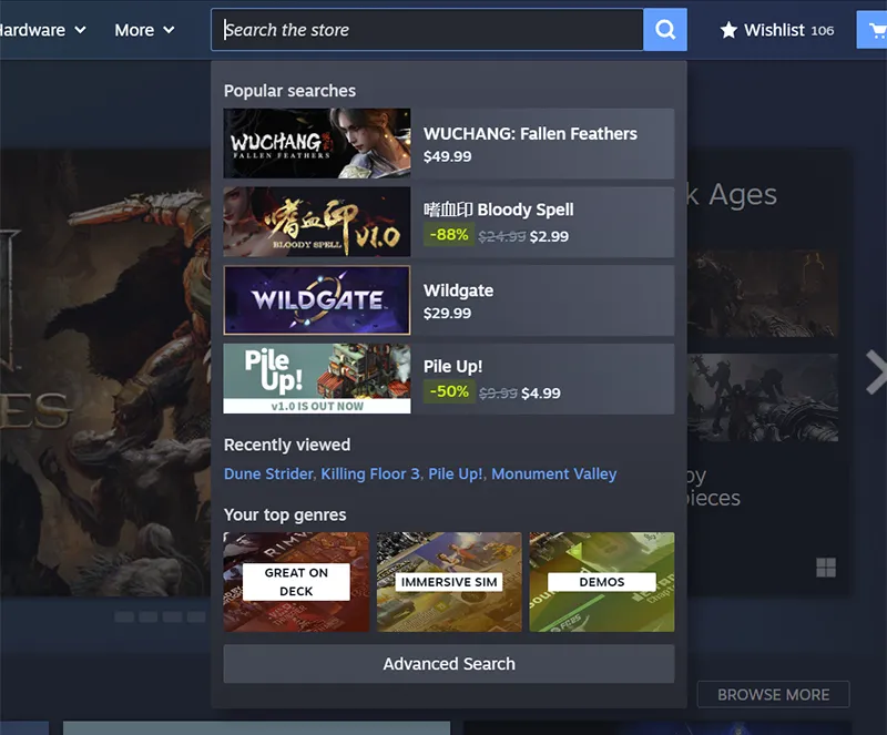 Ảnh chụp màn hình giao diện cửa hàng Steam mới với các tab duyệt và đề xuất game được cải tiến