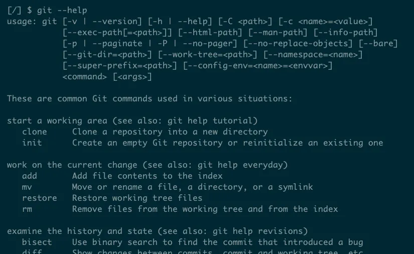 Ảnh chụp màn hình hiển thị đầu ra lệnh 'git help' với các tùy chọn và sub-command đa dạng.