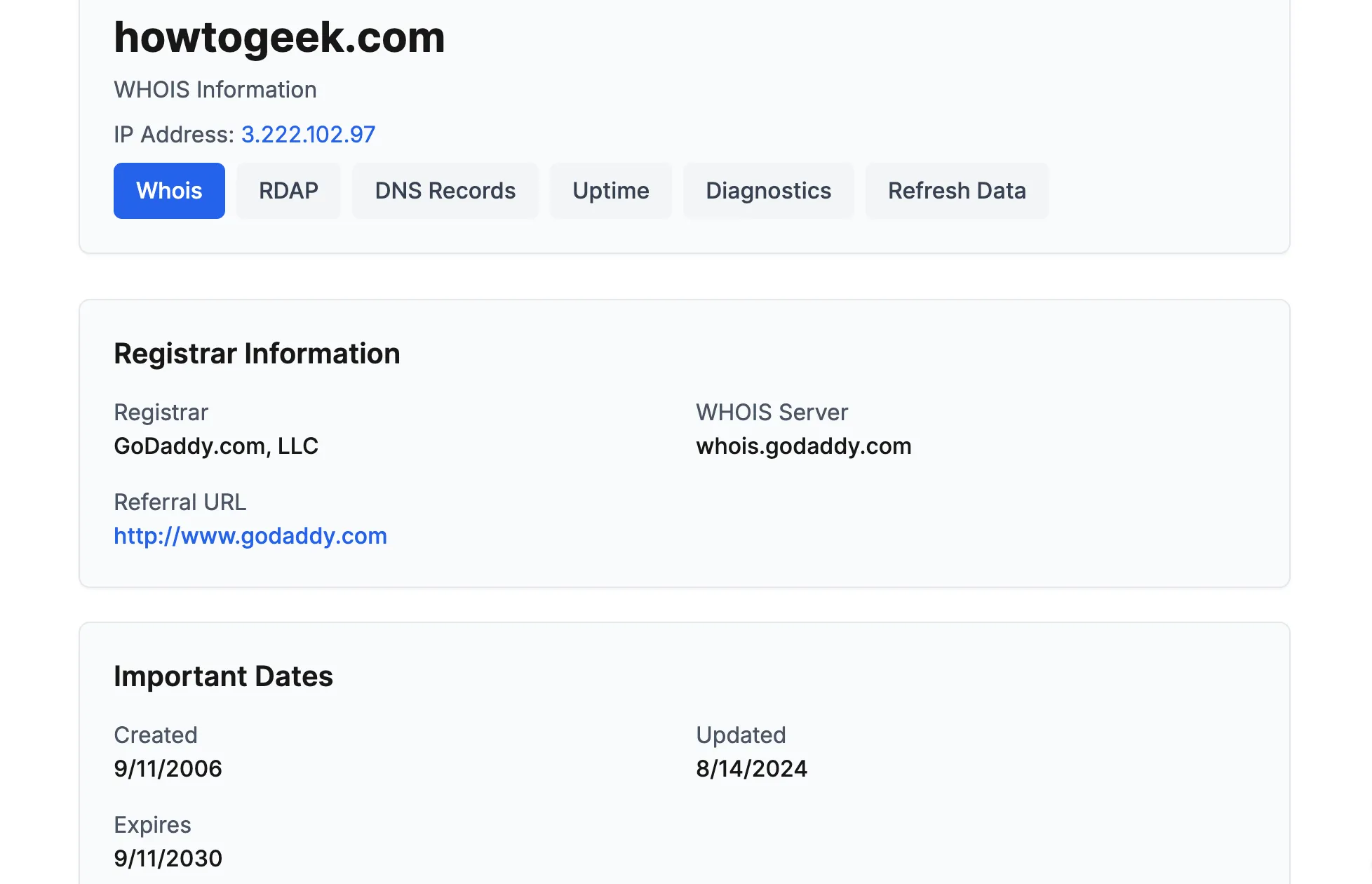 Ảnh chụp màn hình trang who.is hiển thị thông tin đăng ký tên miền của website How-To Geek. Minh họa cách kiểm tra tuổi đời tên miền để phát hiện trang lừa đảo.