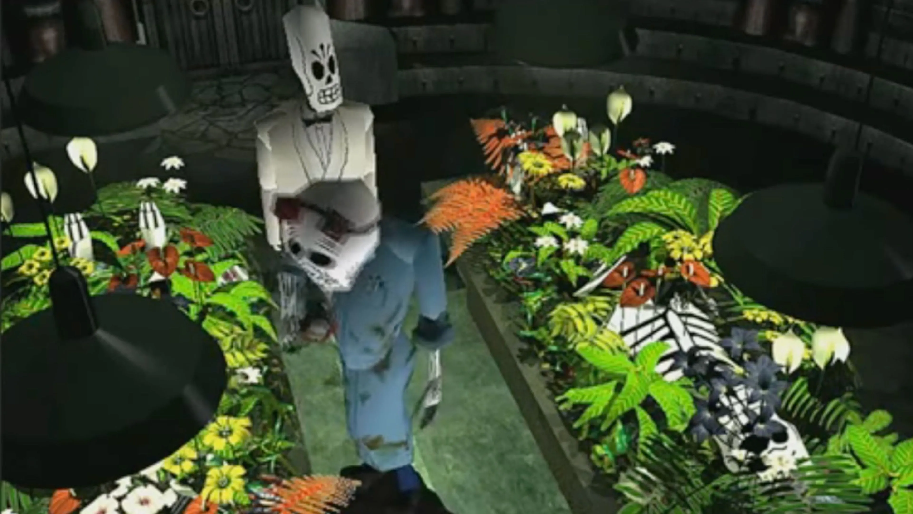 Ảnh chụp màn hình từ game phiêu lưu kinh điển Grim Fandango, với phong cách nghệ thuật độc đáo.