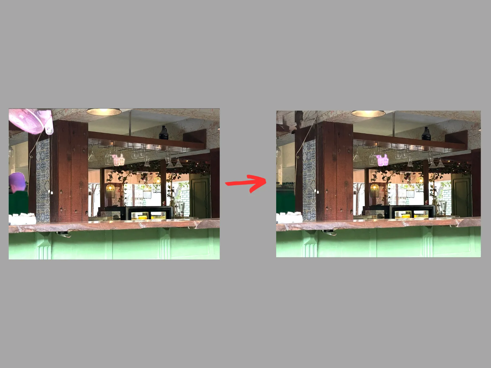 Ảnh minh họa Clean Up tự động loại bỏ đầu người khá sạch nhưng còn gặp khó khăn với chi tiết quạt treo tường.