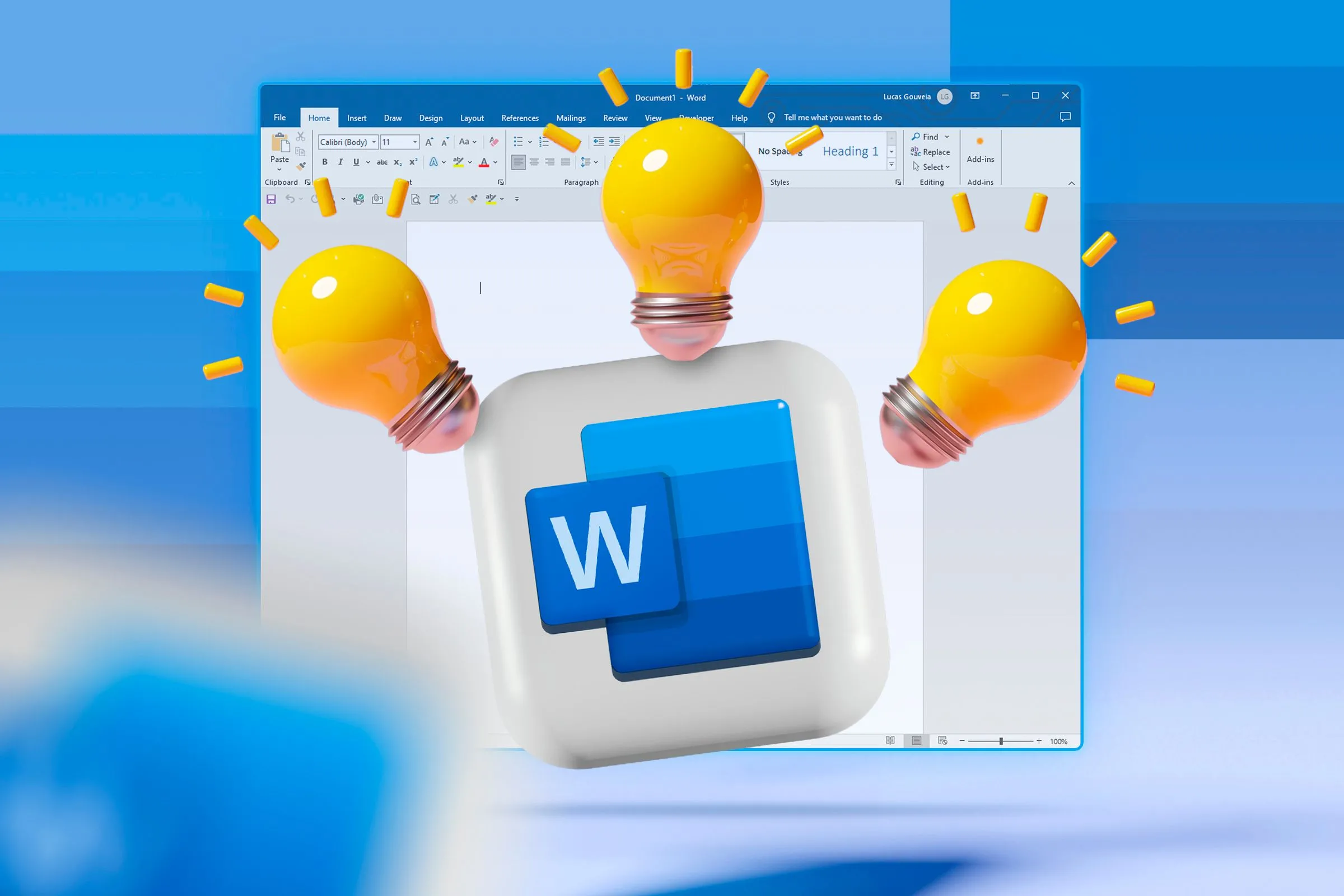 Ba bóng đèn bao quanh logo Microsoft Word, thể hiện ý tưởng và hiệu quả công việc.