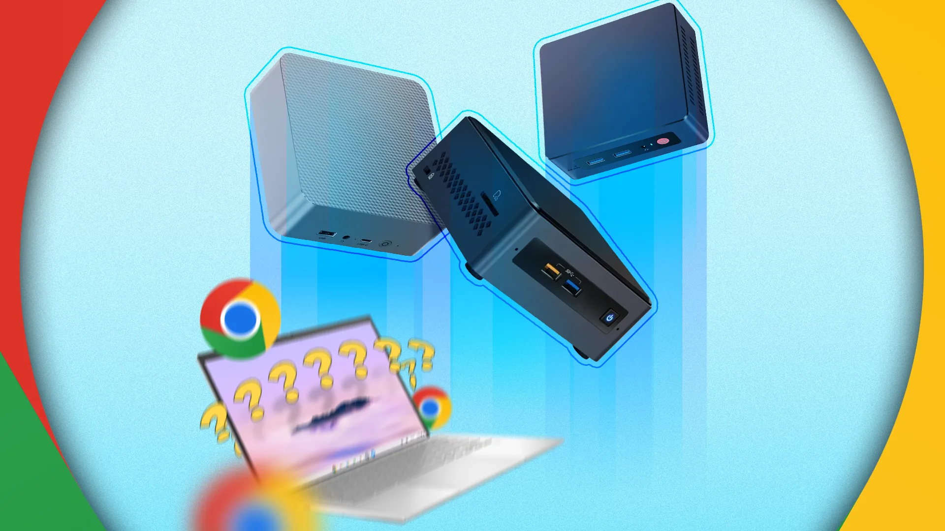 Ba máy tính mini phóng lên ở trung tâm, trong khi một Chromebook bối rối ở dưới bị bao quanh bởi các dấu hỏi.