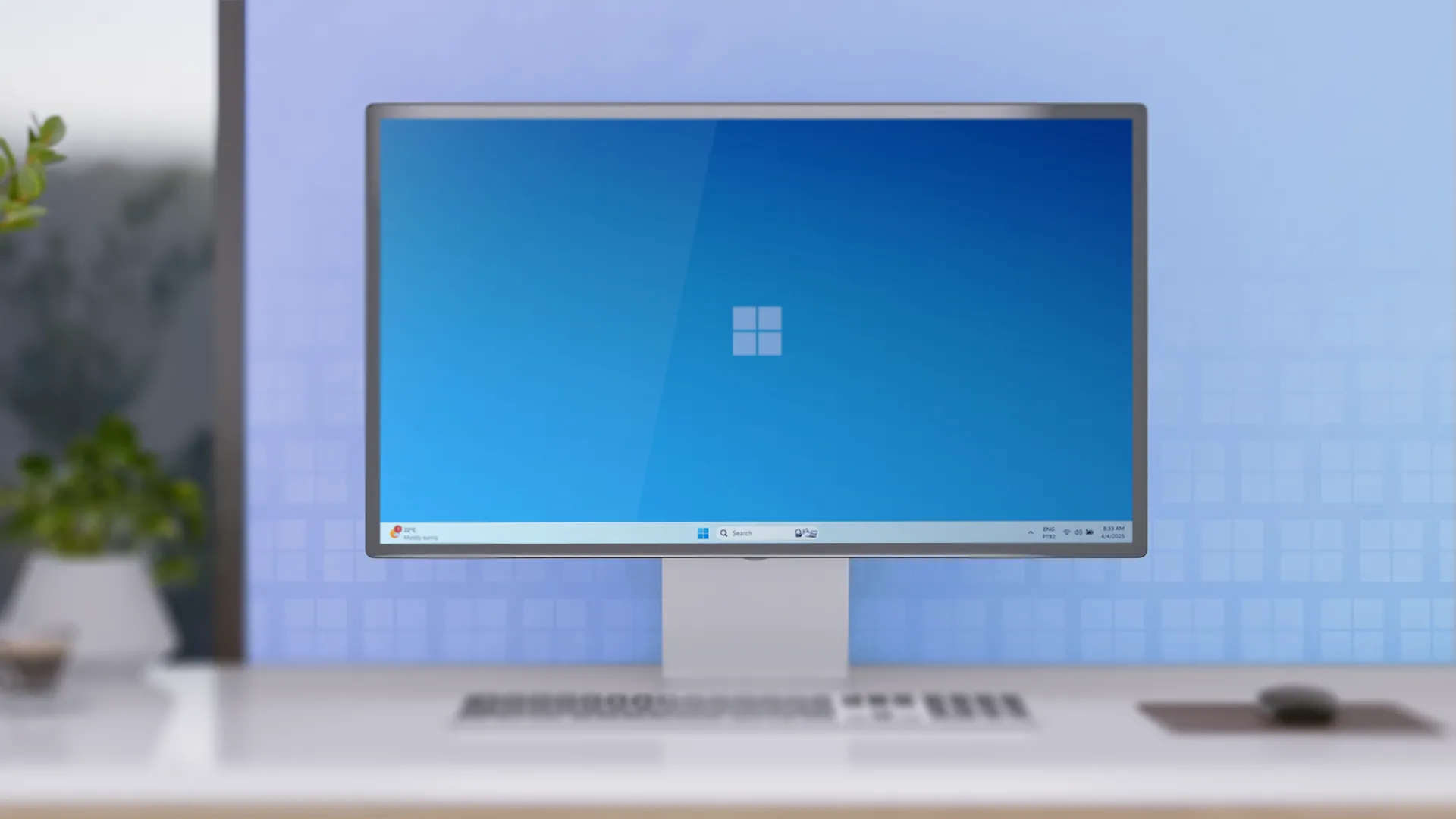 Bàn làm việc tối giản với máy tính chạy Windows 11, minh họa cho việc sao lưu Time Machine sang ổ đĩa chia sẻ Windows.