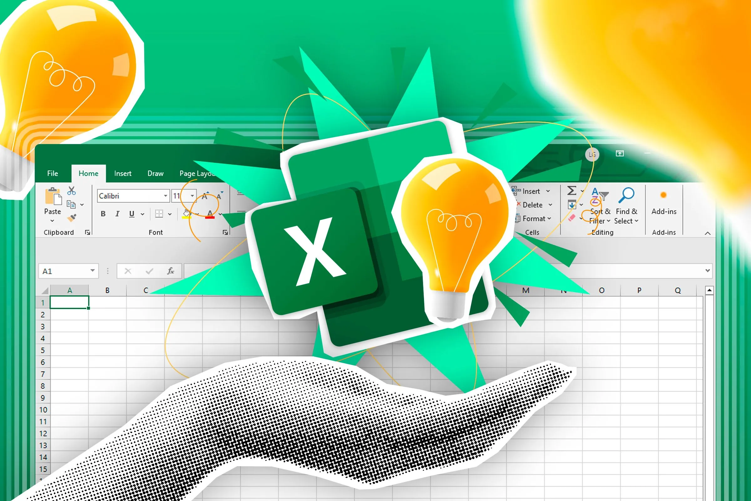 Bàn tay biểu tượng Excel và bóng đèn ý tưởng trên nền bảng tính Excel, gợi ý thủ thuật sắp xếp và lọc dữ liệu