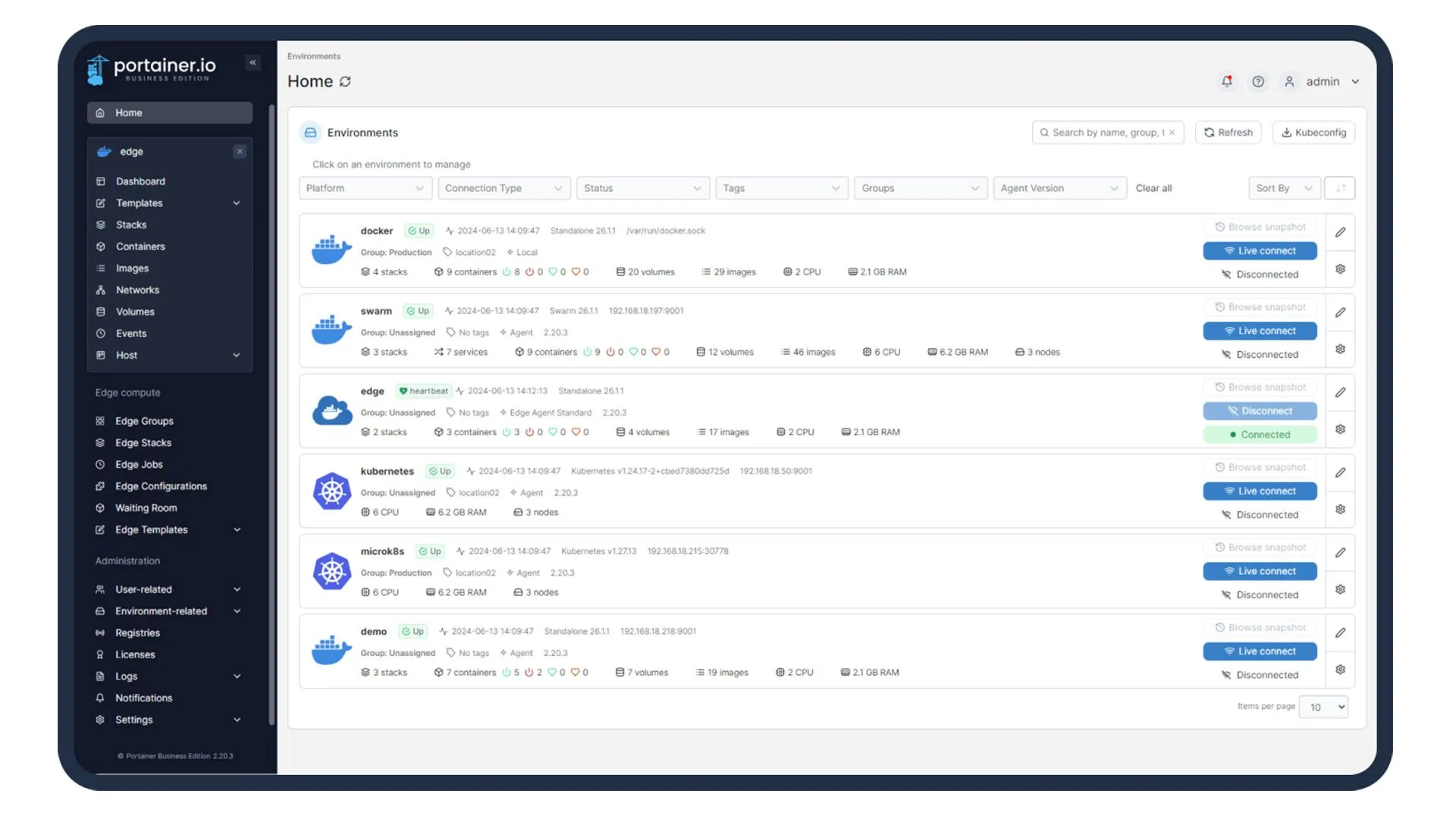 Bảng điều khiển quản lý Portainer trên trình duyệt web