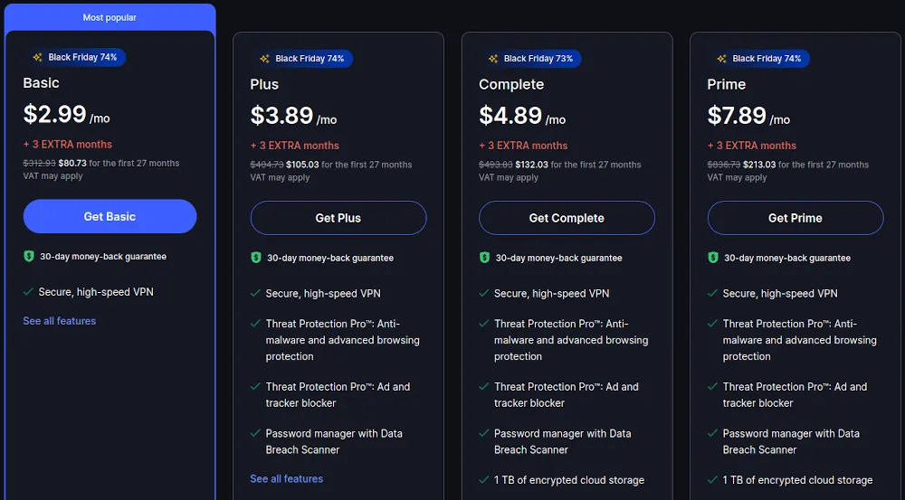 Bảng giá gói NordVPN cho chu kỳ 2 năm, hiển thị các tùy chọn Basic, Plus, Complete và Prime