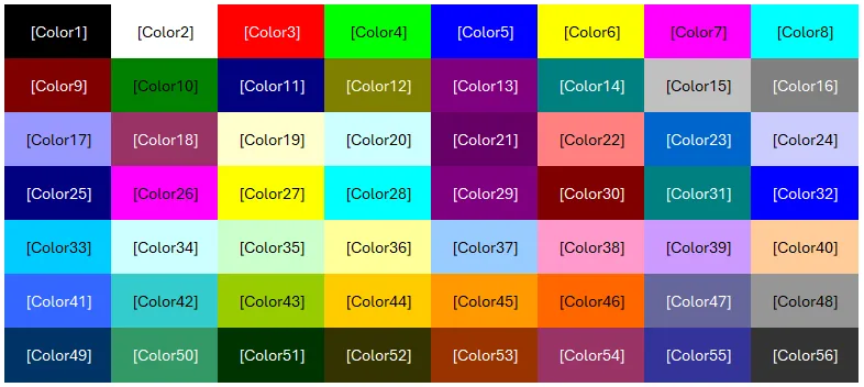 Bảng mã màu có thể sử dụng trong Custom Number Formatting của Microsoft Excel để định dạng nâng cao.