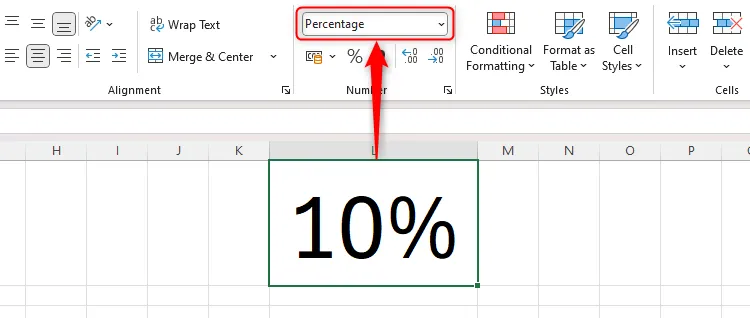 Bảng tính Excel hiển thị tỷ lệ phần trăm trong ô L1 và định dạng số tương ứng trong nhóm Number của tab Home.