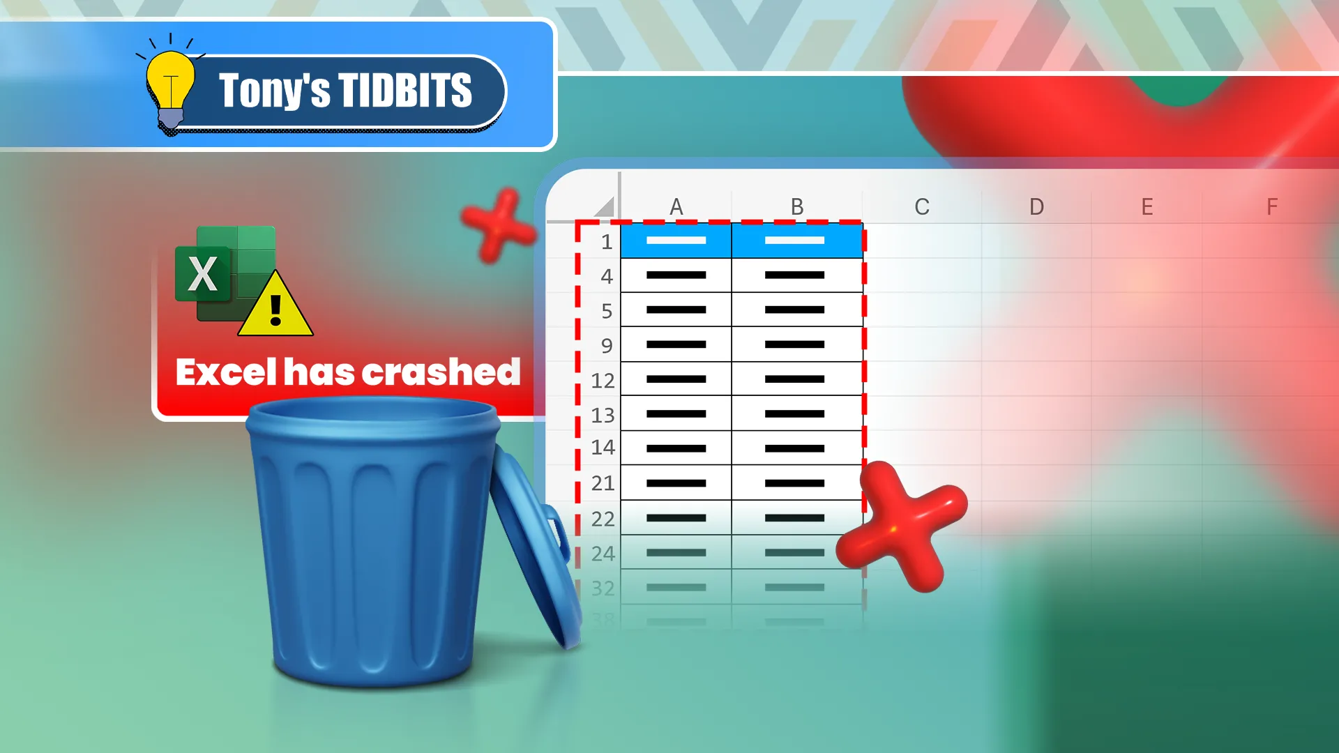 Bảng tính Excel với các hàng được chọn để xóa, cùng biểu tượng thùng rác và cảnh báo Excel bị lỗi, gợi ý cách xóa hàng an toàn