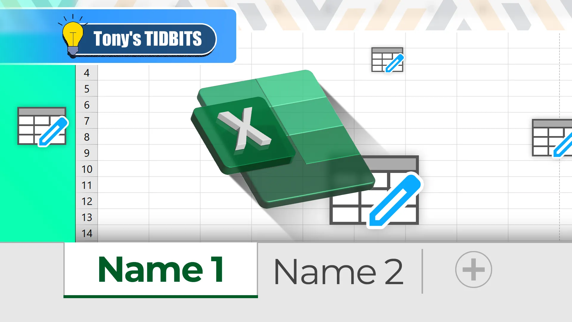 Bảng tính Excel với tên các trang tính được tô sáng và logo Excel ở trung tâm, nhấn mạnh tầm quan trọng của việc đặt tên sheet
