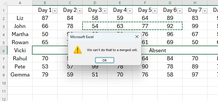 Bảng tính Excel với thông báo lỗi khi dán dữ liệu vào hàng có ô đã gộp