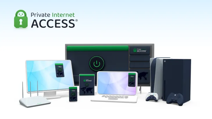 Banner giới thiệu Private Internet Access (PIA) với các thiết bị công nghệ được bảo vệ