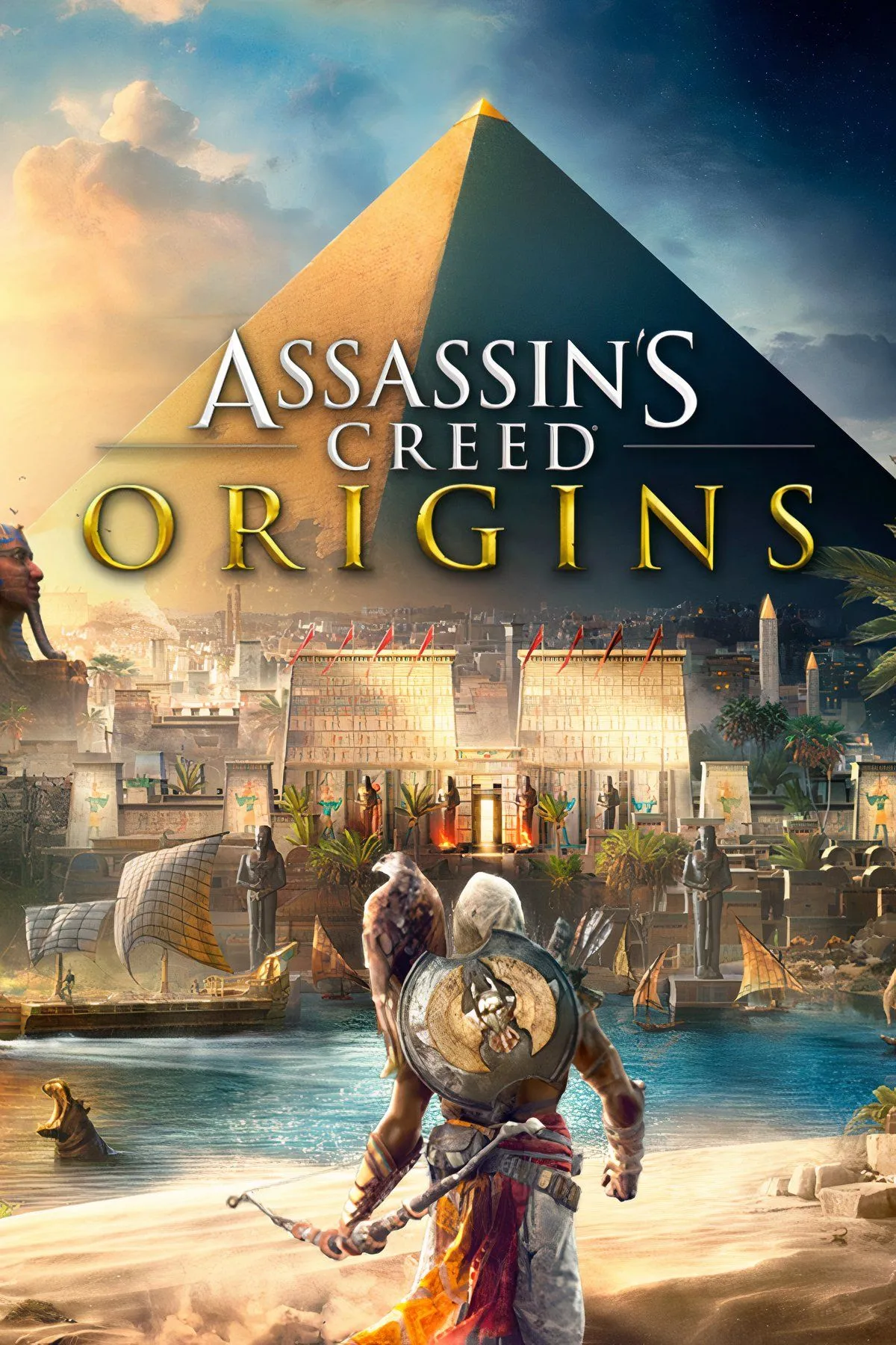 Bayek của Siwa trong Assassin's Creed: Origins cưỡi lạc đà băng qua sa mạc Ai Cập, minh họa thế giới mở rộng lớn và yếu tố hành động RPG của game.