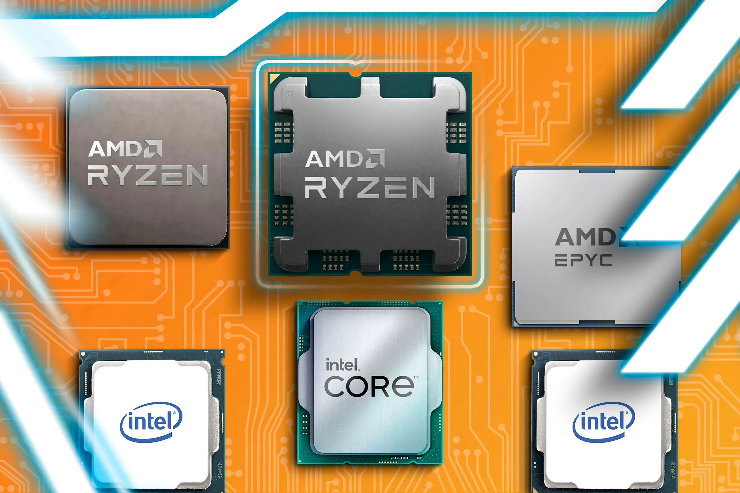 Bề mặt bo mạch chủ với các chip CPU Intel và AMD, thể hiện linh kiện cốt lõi của máy tính.