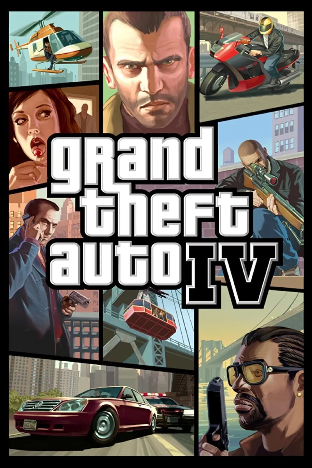 Bìa đĩa game Grand Theft Auto IV với hình ảnh nhân vật chính Niko Bellic, đại diện cho tựa game có hiệu ứng vật lý ragdoll tiên tiến và đáng nhớ