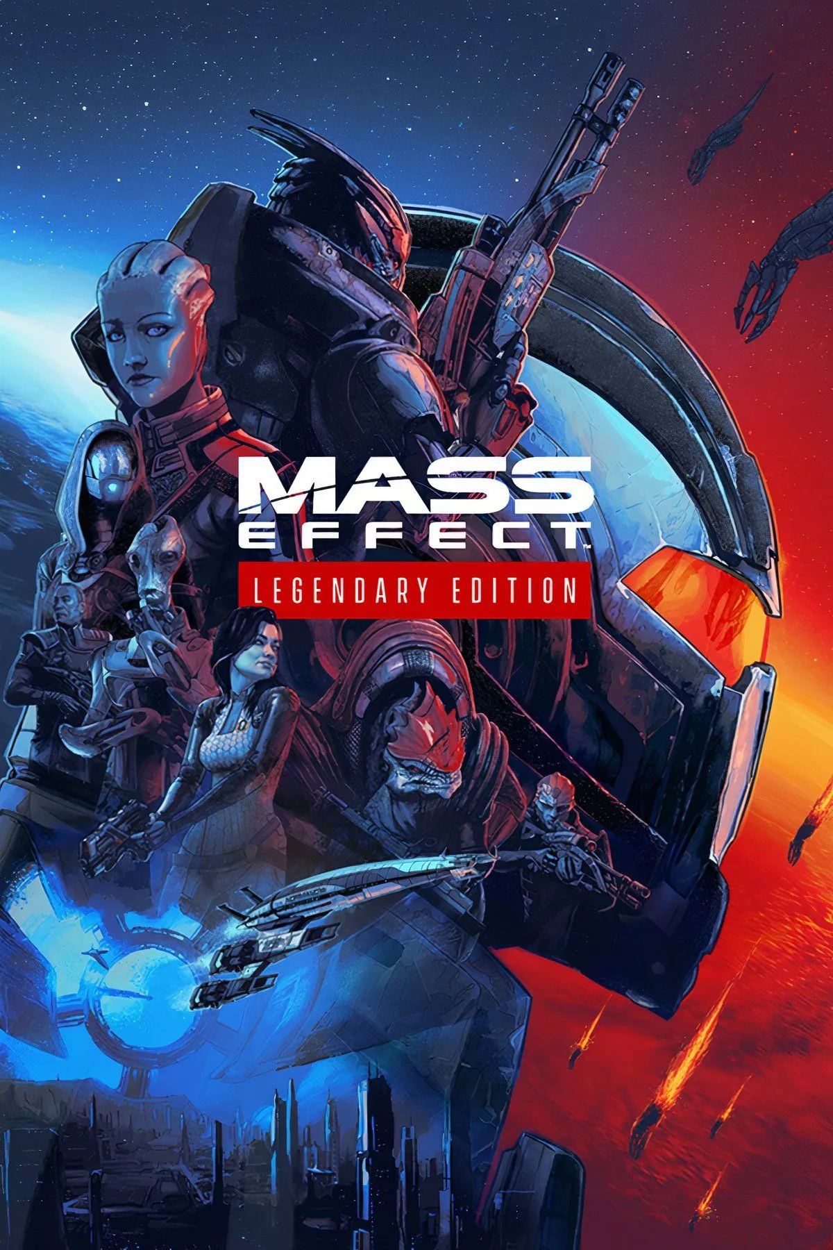 Bìa game Mass Effect Legendary Edition với Commander Shepard và các thành viên phi hành đoàn, tượng trưng cho hành trình cứu lấy thiên hà trong series RPG đình đám.