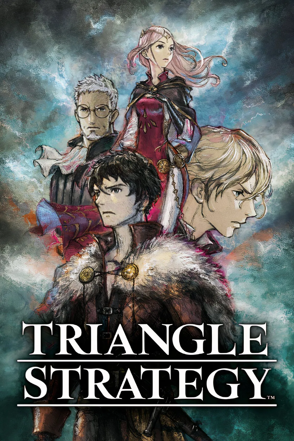 Bìa game Triangle Strategy với phong cách HD-2D độc đáo và các nhân vật chính