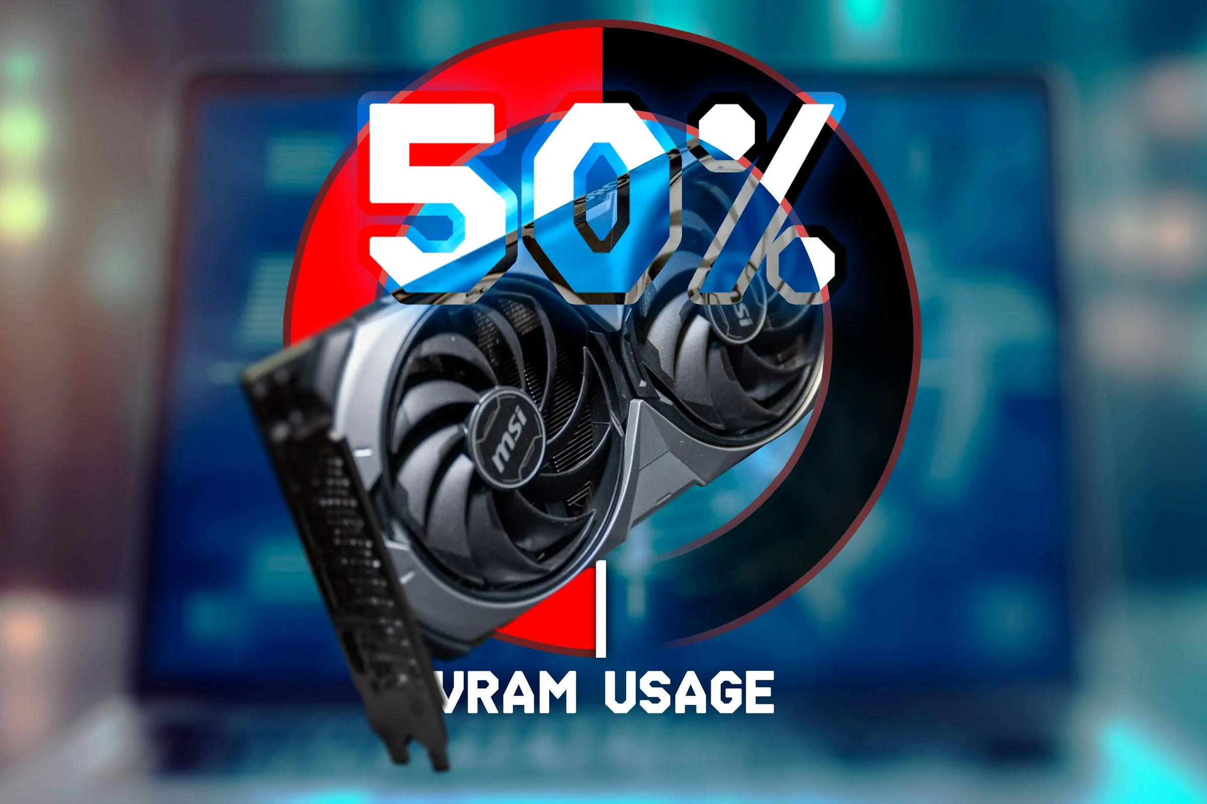Biểu đồ hiển thị mức độ sử dụng VRAM với hình ảnh card đồ họa ở trung tâm, nhấn mạnh tầm quan trọng của dung lượng bộ nhớ đối với hiệu năng gaming của RTX 50.