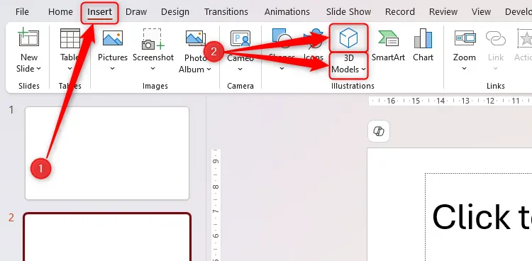 Biểu tượng &quot;3D Models&quot; trong tab &quot;Insert&quot; trên dải băng của Microsoft PowerPoint, cho phép người dùng chèn các mô hình ba chiều vào slide.