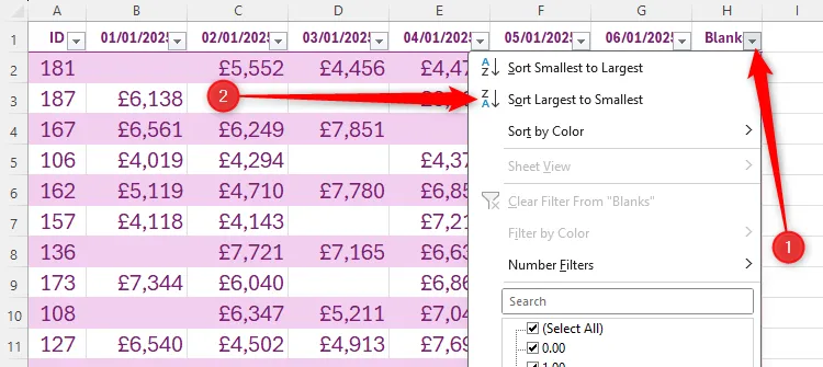 Biểu tượng bộ lọc được chọn tại cột G trong Excel, với tùy chọn &quot;Sort Largest To Smallest&quot; (Sắp xếp từ lớn nhất đến nhỏ nhất) được tô sáng.