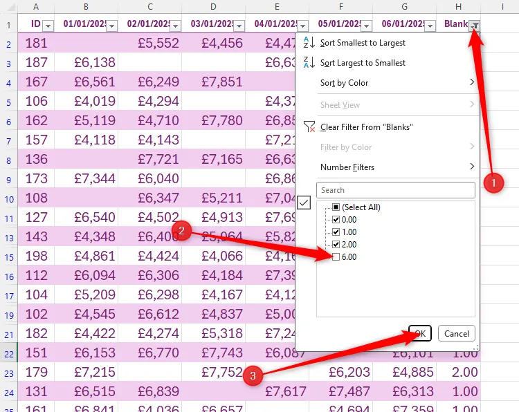 Biểu tượng bộ lọc tại cột G trong Excel được chọn, với tùy chọn số 6 (số ô trống tối đa) được bỏ chọn để ẩn các hàng trống hoàn toàn.
