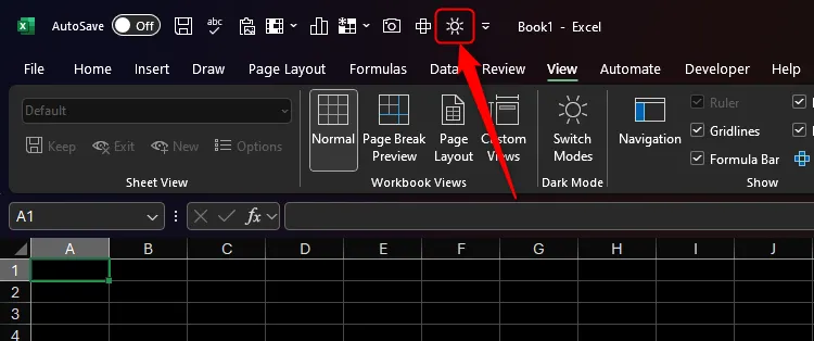 Biểu tượng chế độ sáng (mặt trời) trên Quick Access Toolbar của Excel, cho phép chuyển nhanh sang chế độ tối và ngược lại.