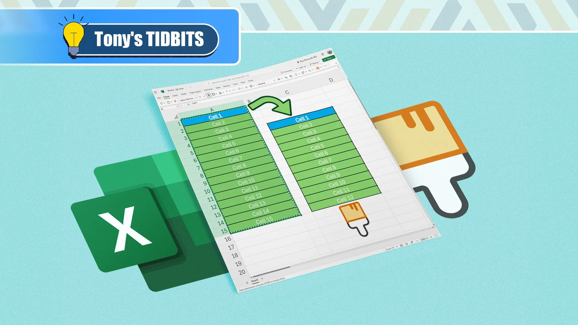 Biểu tượng Format Painter và logo Excel trên bảng tính, minh họa cách sao chép định dạng trong Excel