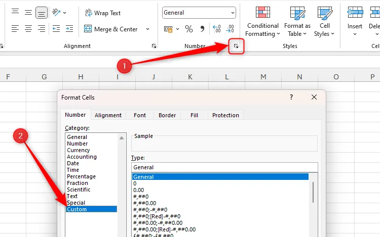 Biểu tượng mở hộp thoại Number Format trong Excel được làm nổi bật, chọn Custom trong hộp thoại Format Cells để định dạng số tùy chỉnh.