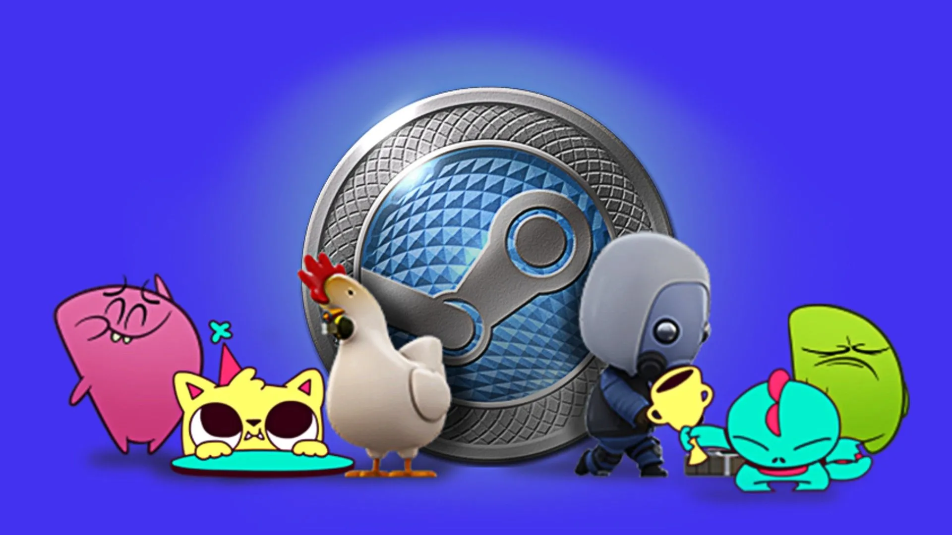Biểu tượng Steam Points với các nhân vật hoạt hình vui nhộn trên nền xanh, minh họa chương trình điểm thưởng độc đáo khuyến khích chi tiêu trên nền tảng Steam.