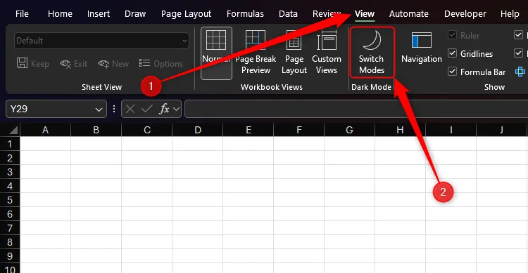 Biểu tượng &quot;Switch Modes&quot; trên tab &quot;View&quot; của thanh Ribbon trong Microsoft Excel, dùng để chuyển đổi giữa chế độ sáng và tối cho ô tính.