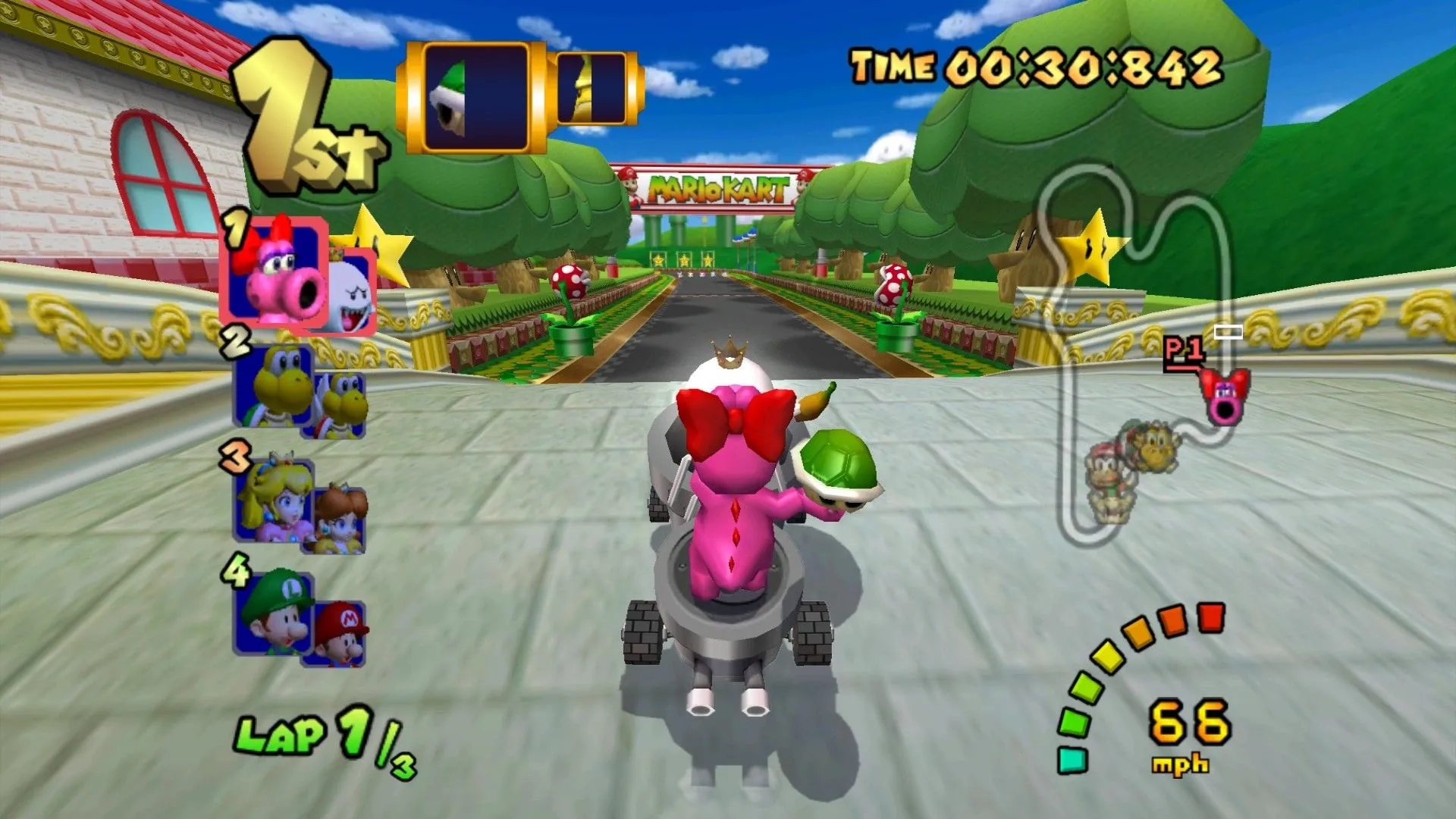 Birdo và Boo dẫn đầu trong một cuộc đua của Mario Kart: Double Dash!!