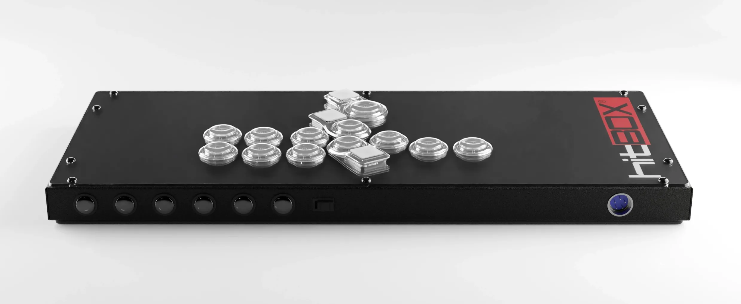 Bộ điều khiển chơi game đối kháng Hit Box Ultra màu đen với các nút bấm thay thế hoàn toàn cần gạt, tối ưu cho các thao tác chính xác trong game đối kháng.