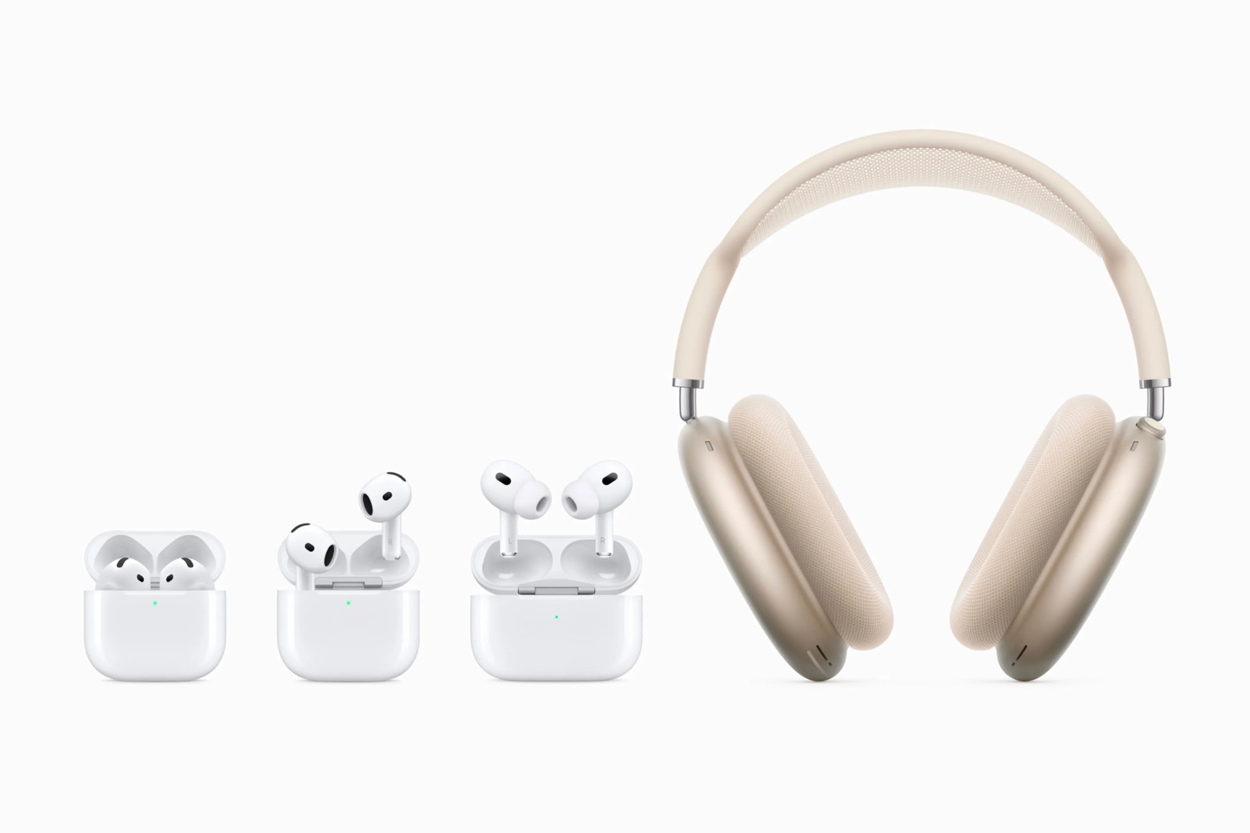 Bộ sưu tập các mẫu tai nghe AirPods của Apple, bao gồm AirPods tiêu chuẩn, AirPods Pro và AirPods Max, thể hiện sự đa dạng về trải nghiệm nghe nhạc không dây