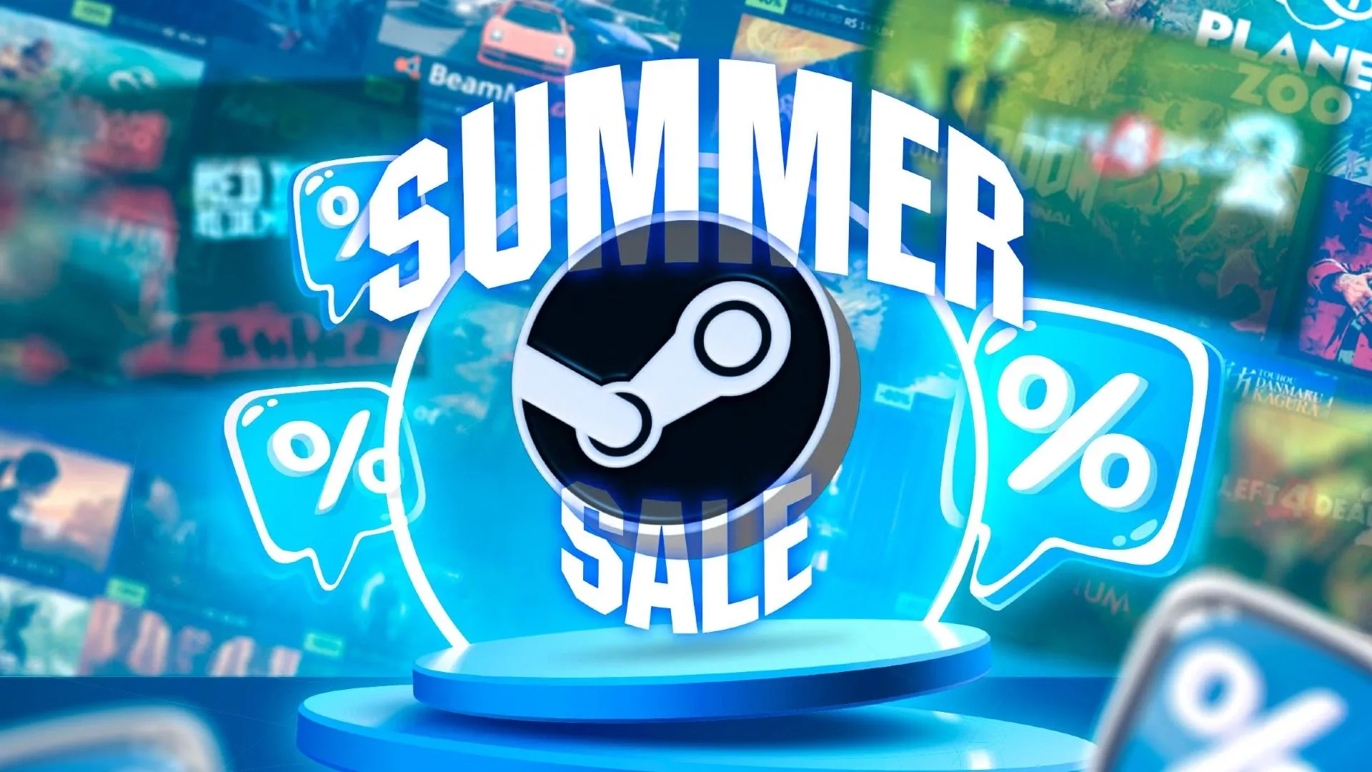 Bục vinh quang với logo Steam và các biểu tượng giảm giá xung quanh, thể hiện sức hút mạnh mẽ từ những đợt sale game huyền thoại của nền tảng.
