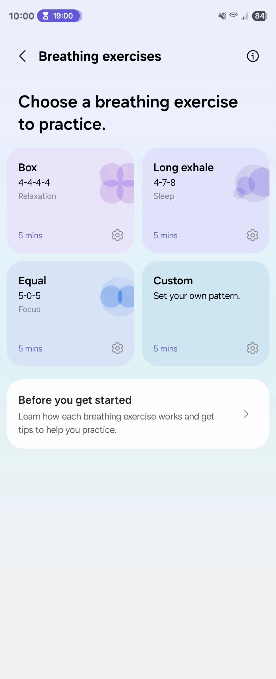 Các bài tập luyện thở đa dạng như thở hộp, thở sâu, thở nhanh trong ứng dụng Samsung Health