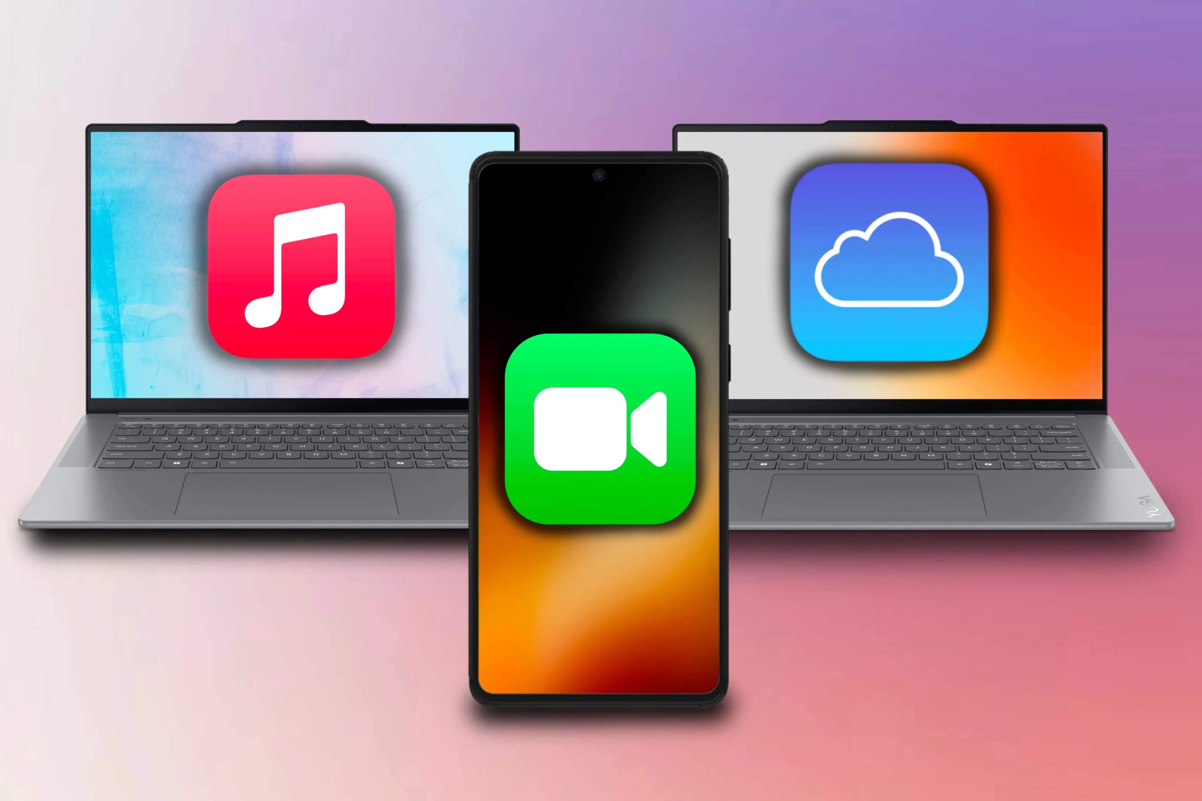 Các biểu tượng Apple Music, iCloud và FaceTime trên máy tính Windows và điện thoại Android, thể hiện khả năng tương thích đa nền tảng.