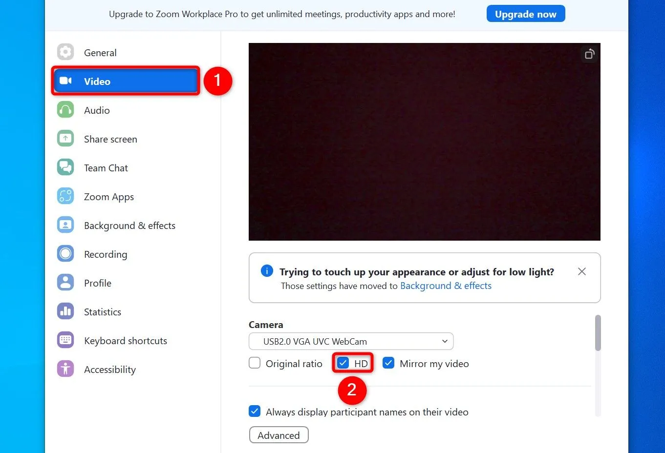 Các bước kích hoạt chế độ video HD trong cài đặt Zoom